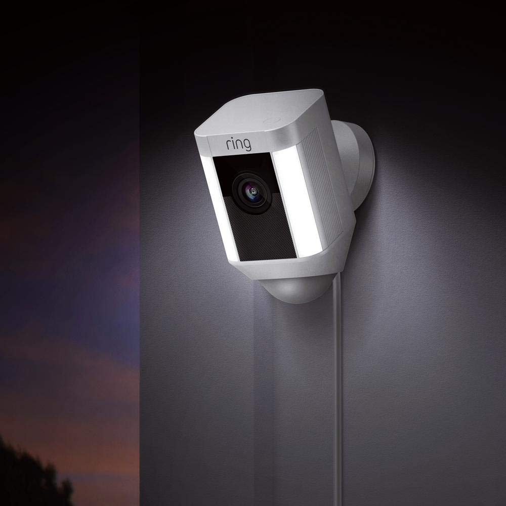 Ring Spotlight Cam Wired - Plugged-in HD security camera with built-in spotlights, two-way talk and a siren alarm, Works with Alexa - White