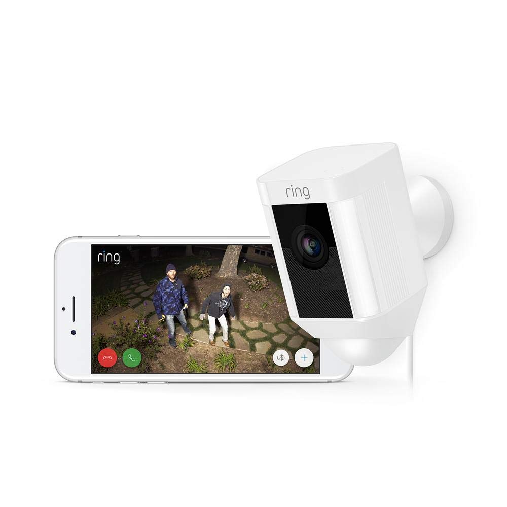 Ring Spotlight Cam Wired - Plugged-in HD security camera with built-in spotlights, two-way talk and a siren alarm, Works with Alexa - White