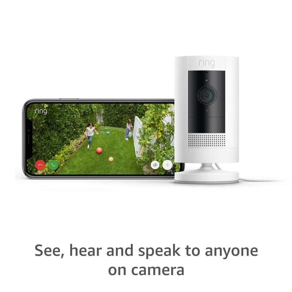 Ring Stick Up Cam Plug-In HD security camera with two-way talk, Works with Alexa - White